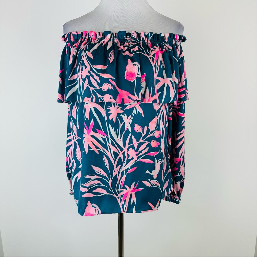 Lilly Pulitzer Green Pink Floral Ruffle Off The Shoulder Top Size Small